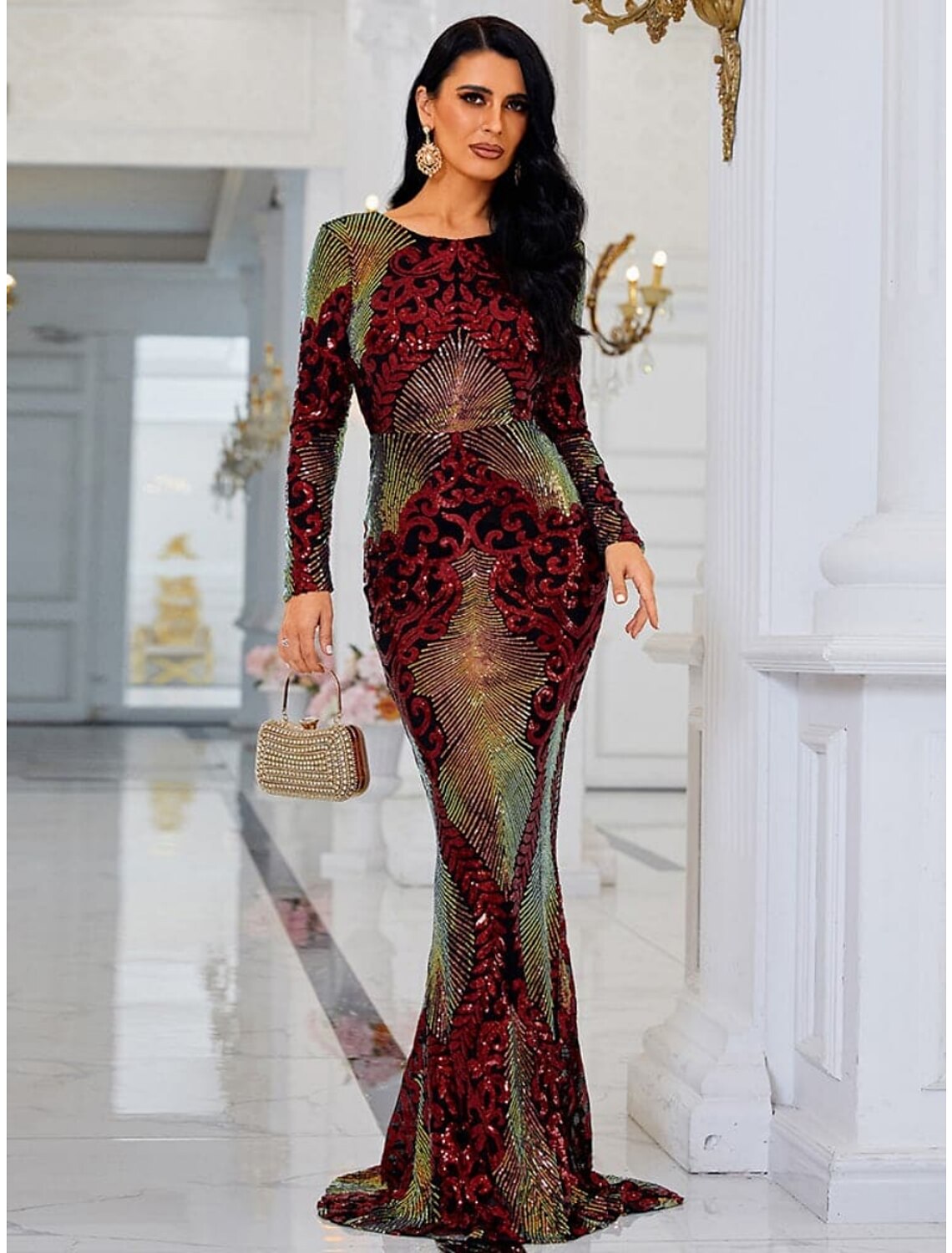Mermaid / Trumpet Evening Gown Elegant Dress Formal Sweep / Brush Train Long Sleeve Scoop Neck Sequined with Glitter