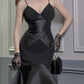 Mermaid / Trumpet Evening Gown Vintage Dress Party Wear Tea Length Sleeveless Spaghetti Strap Wednesday Addams Family Satin