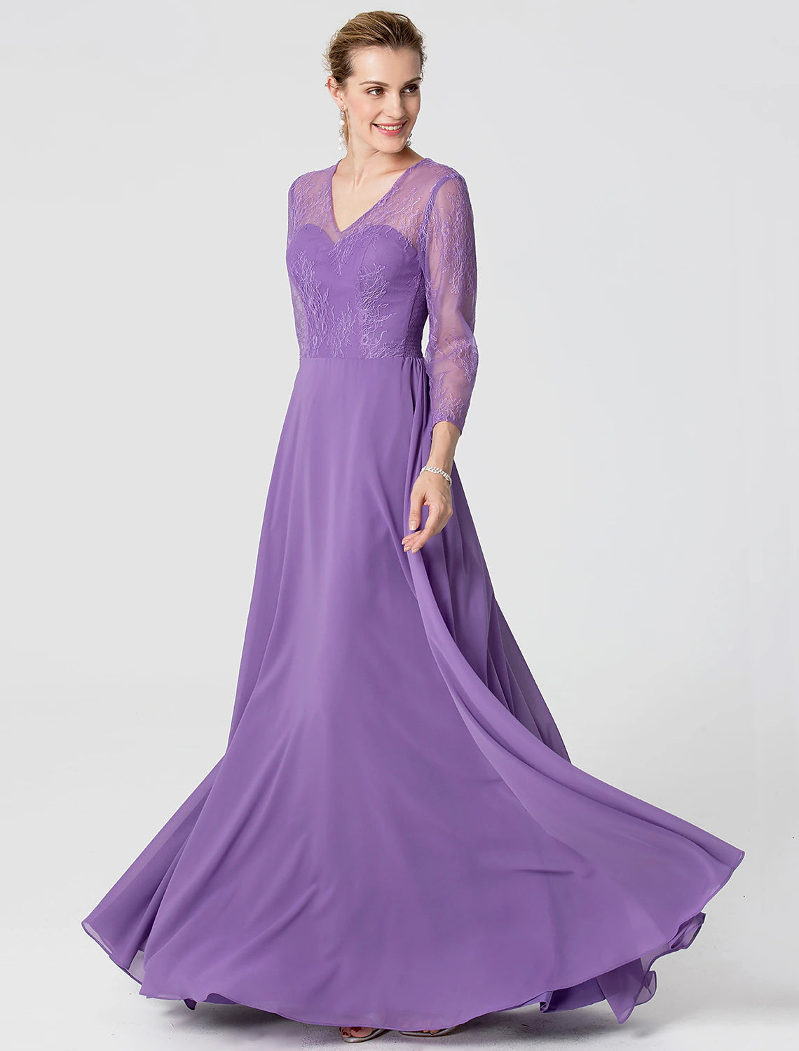 A-Line Elegant Holiday Cocktail Party Formal Evening Dress V Neck 3/4 Length Sleeve Floor Length Chiffon Lace with Sash / Ribbon Beading