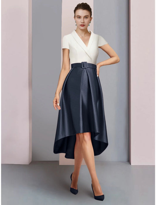 A-Line Mother of the Bride Dress Wedding Guest Elegant Petite V Neck Asymmetrical Satin Short Sleeve