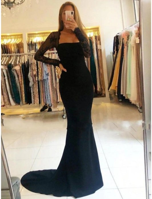 Mermaid / Trumpet Prom Dresses Open Back Dress Formal Wedding Guest Court Train Long Sleeve Strapless Stretch Fabric Backless with Beading