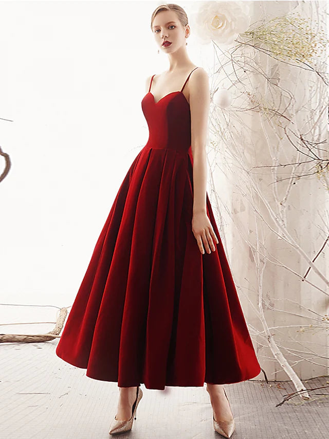 A-Line Prom Dresses Beautiful Back Dress Party Wear Ankle Length Sleeveless Spaghetti Strap Velvet with Sleek