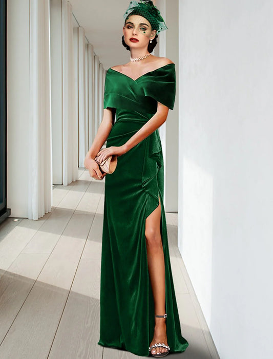 Sheath / Column Evening Gown Elegant Dress Wedding Guest Cocktail Party Floor Length Sleeveless V Neck Velvet with Pleats