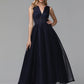 A-Line Little Black Prom Dress Wedding Guest Ankle Length Sleeveless V Wire Spandex with Sash