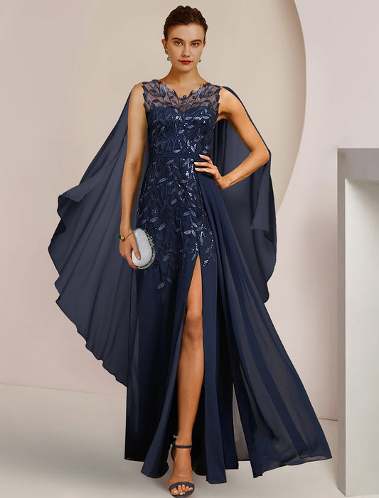 A-Line Mother of the Bride Dress Formal Wedding Guest Elegant V Neck Floor Length Chiffon Sequined Sleeveless with Appliques