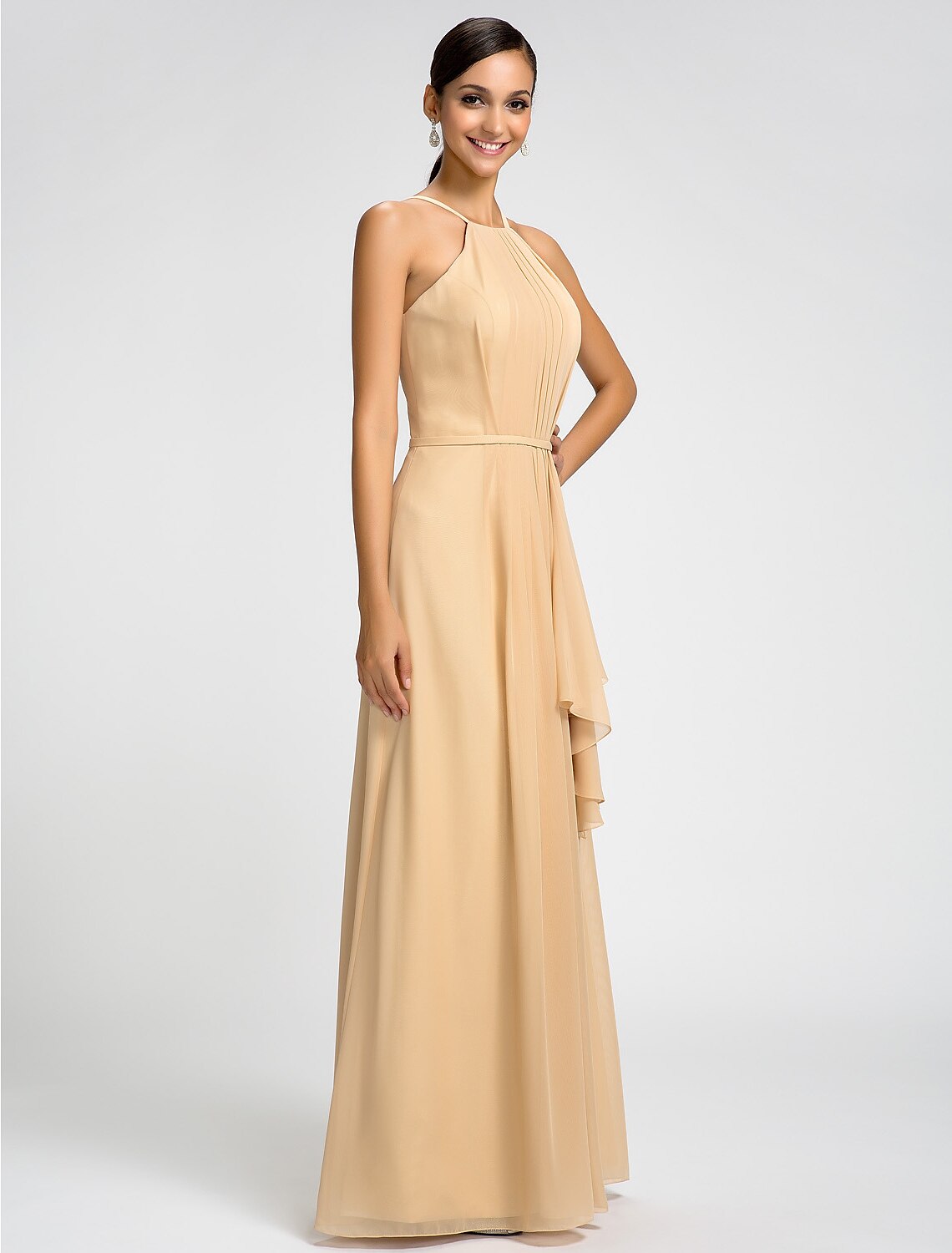 Sheath High Neck Floor Length Chiffon Bridesmaid Dress with Draping