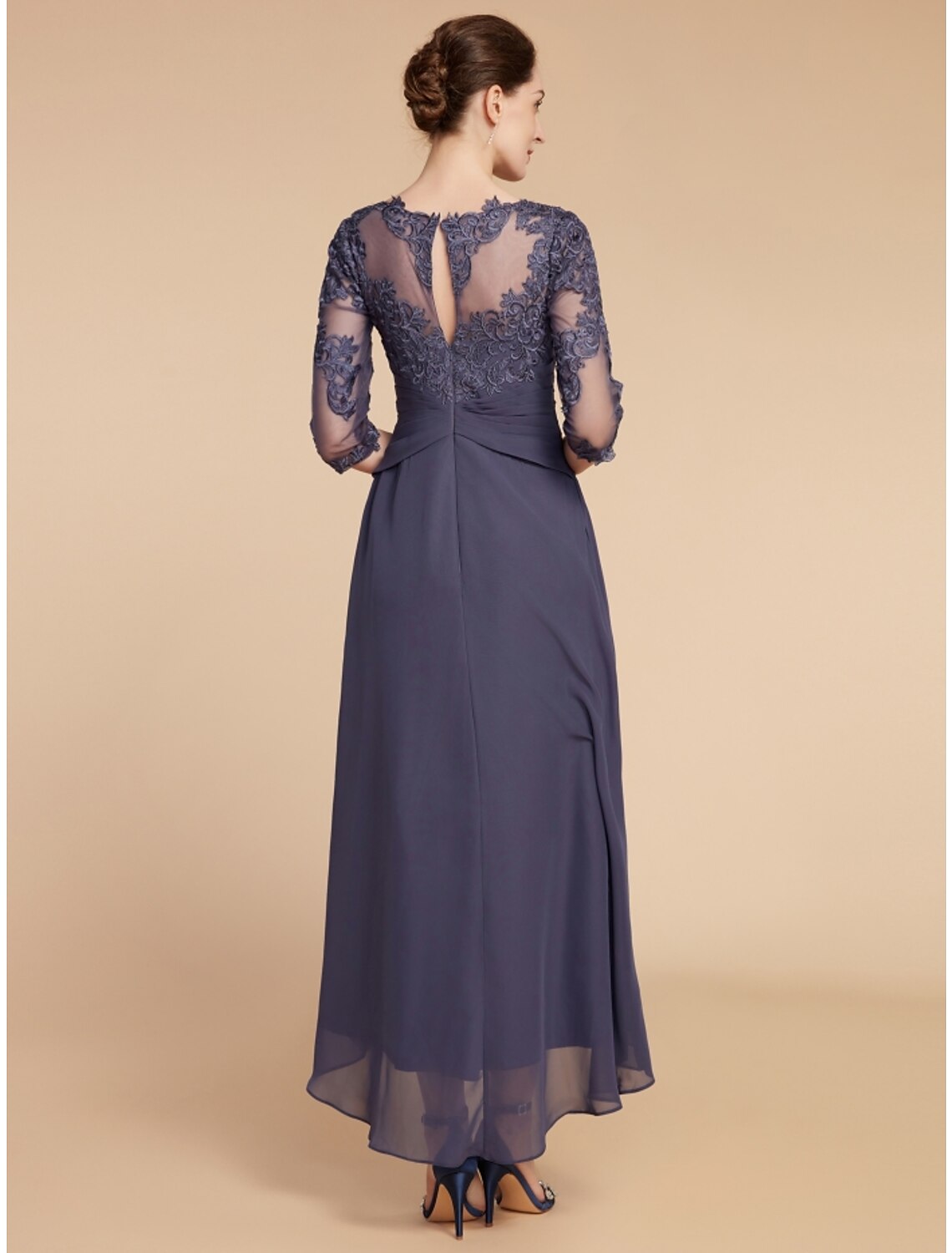 A-Line Mother of the Bride Dress Wedding Guest Elegant Scoop Neck Ankle Length Chiffon Lace 3/4 Length Sleeve