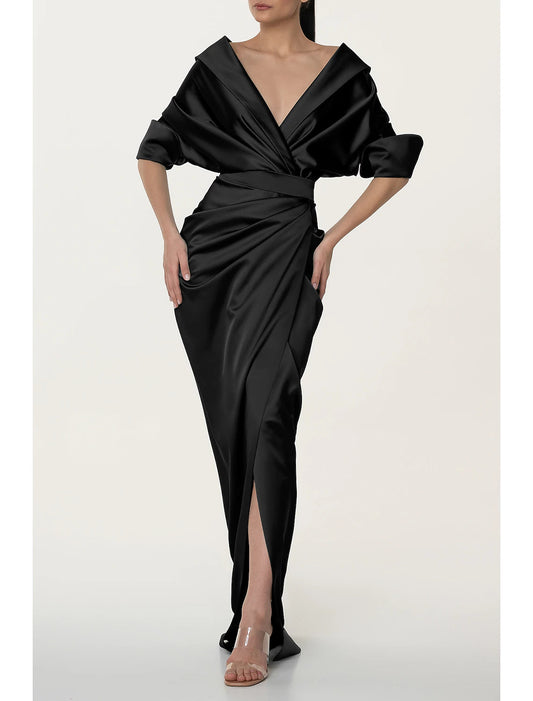 A-Line Evening Gown Black Dress Elegant Dress Formal Fall Sweep / Brush Train Half Sleeve V Neck Satin with Ruched