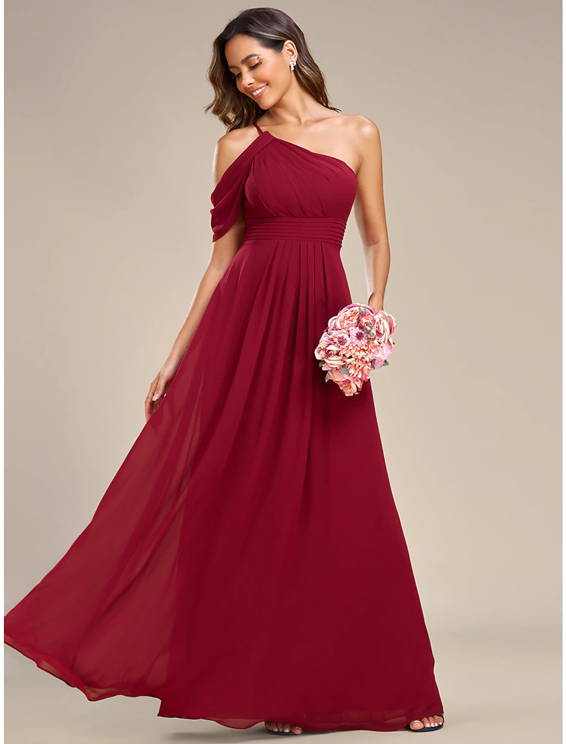 A-Line Wedding Guest Dresses Elegant Dress Formal Wedding Floor Length Sleeveless One Shoulder Chiffon with Ruched