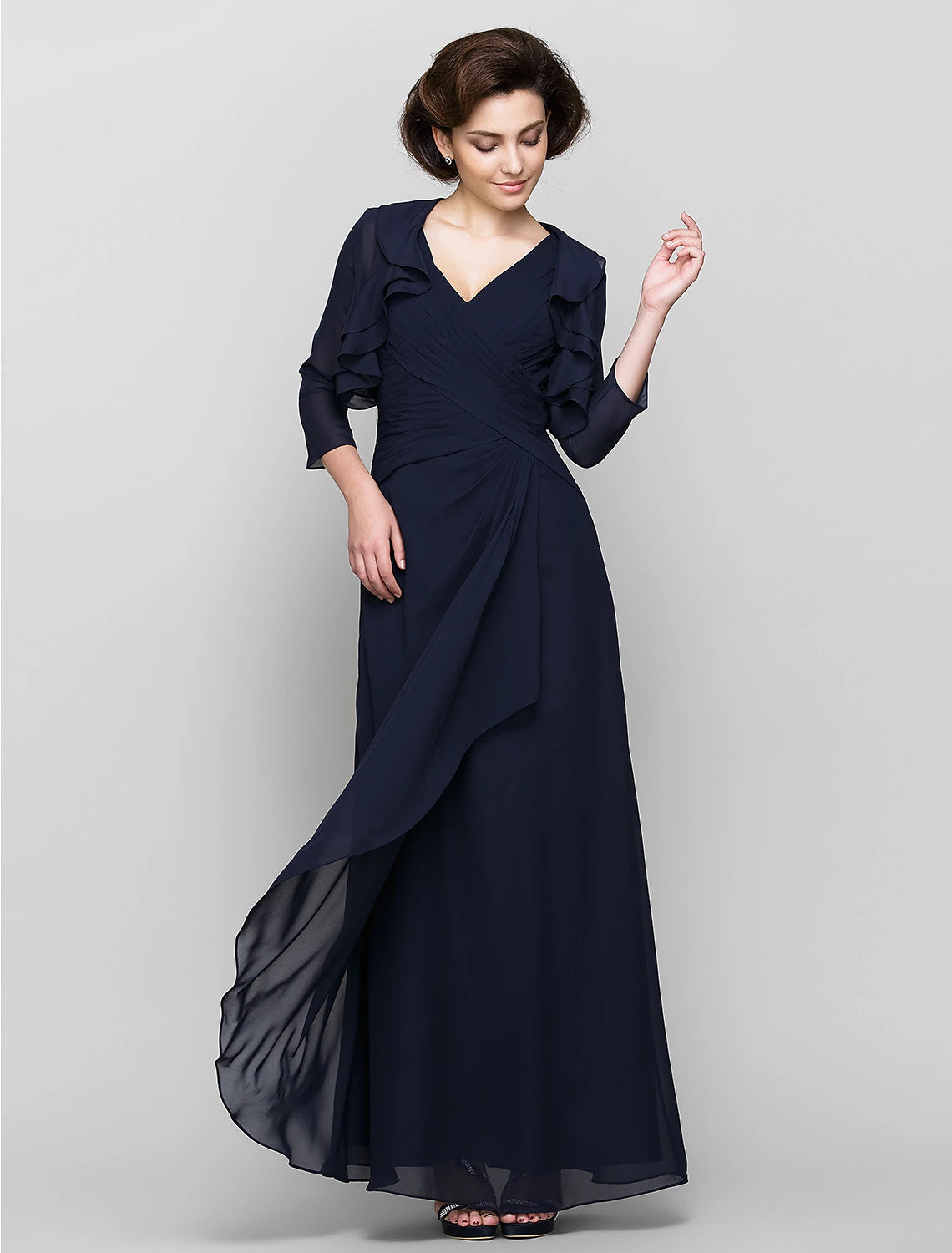 Sheath / Column Mother of the Bride Dress Convertible Dress V Neck Floor Length Chiffon 3/4 Length Sleeve with Criss Cross Cascading