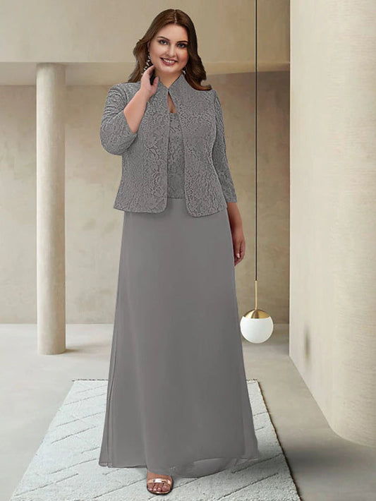 Two Piece Sheath / Column Mother of the Bride Dress Plus Size Elegant Jewel Neck Ankle Length Chiffon Lace 3/4 Length Sleeve Wrap Included