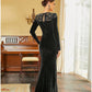 A-Line Evening Gown Black Dress Elegant Dress Formal Fall Sweep / Brush Train Long Sleeve Jewel Neck Velvet with Sequin