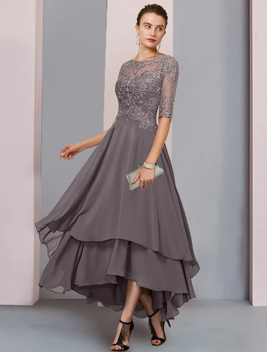 A-Line Mother of the Bride Dress Formal Wedding Guest Elegant Scoop Neck Asymmetrical Tea Length Chiffon Lace 3/4 Length Sleeve with Beading Tier