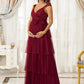 A-Line Maternity Cute Formal Evening Dress V Neck Sleeveless Floor Length Tulle with Tier