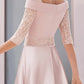 A-Line Mother of the Bride Dress Formal Wedding Guest Elegant Square Neck Tea Length Satin Lace Half Sleeve