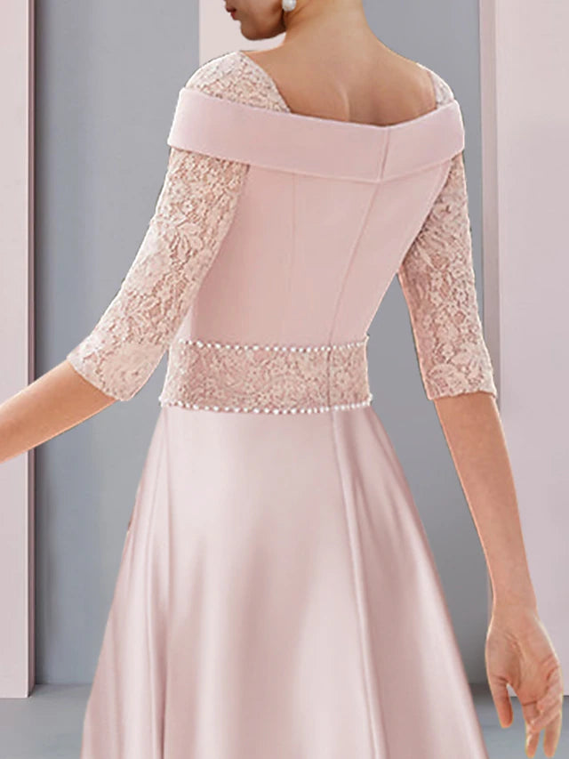 A-Line Mother of the Bride Dress Formal Wedding Guest Elegant Square Neck Tea Length Satin Lace Half Sleeve