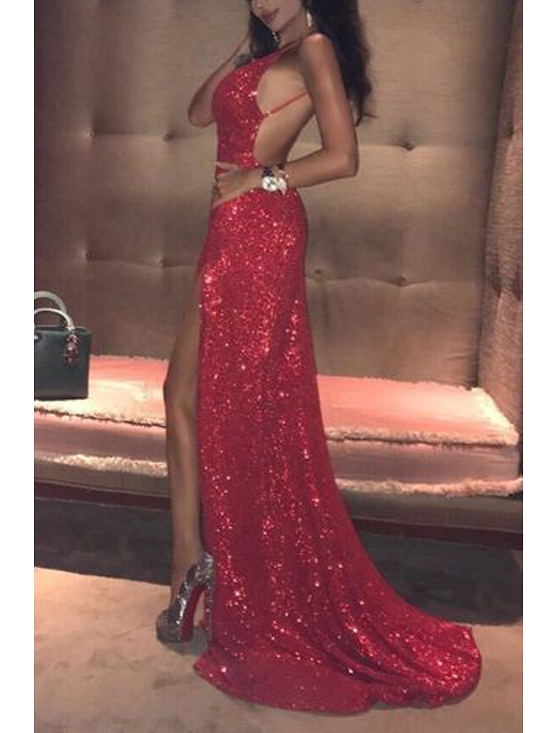 Mermaid / Trumpet Prom Dresses Sexy Dress Formal Court Train Sleeveless Strapless Sequined Backless