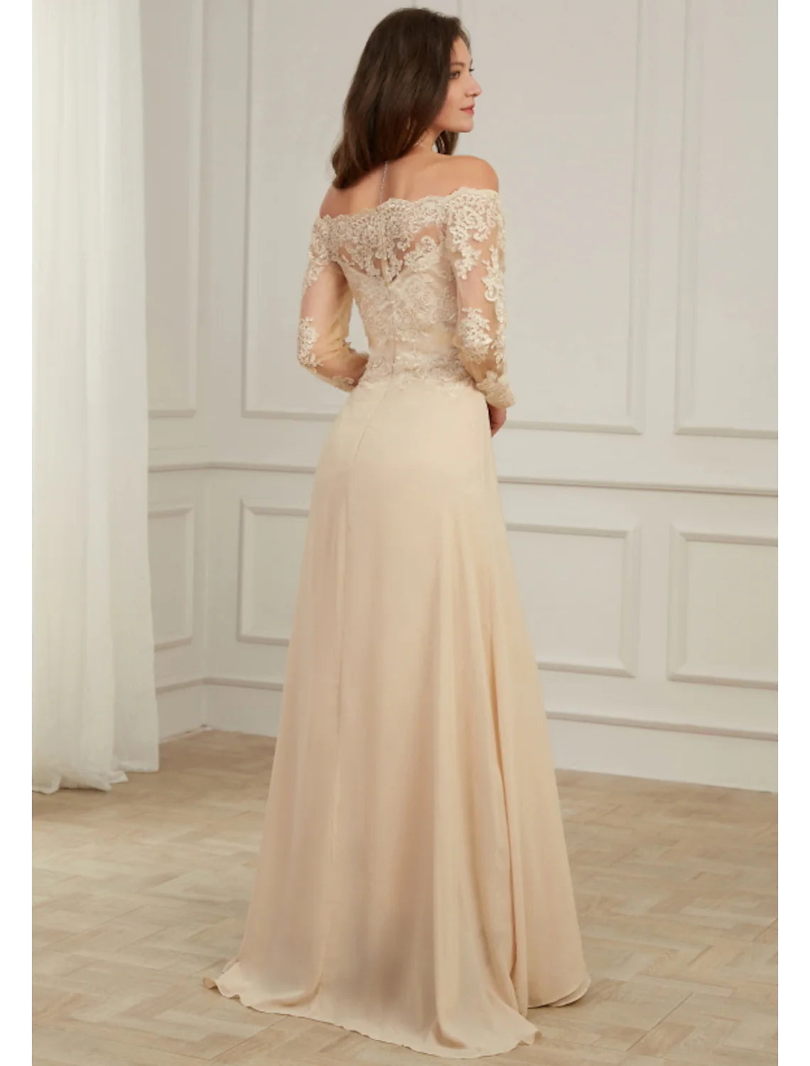 A-Line Evening Gown Elegant Dress Wedding Guest Floor Length Long Sleeve Off Shoulder Polyester with Overskirt