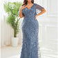 Mermaid / Trumpet Evening Gown Sparkle Dress Formal Floor Length Short Sleeve V Neck Fall Wedding Guest Tulle
