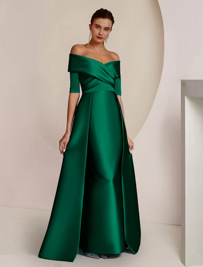 Sheath / Column Mother of the Bride Dress Formal Wedding Guest Party Elegant Off Shoulder Floor Length Satin Half Sleeve