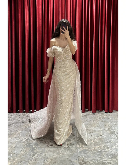 Sheath / Column Evening Gown Sparkle & Shine Dress Formal Fall Sweep / Brush Train Short Sleeve V Neck Sequined with Glitter