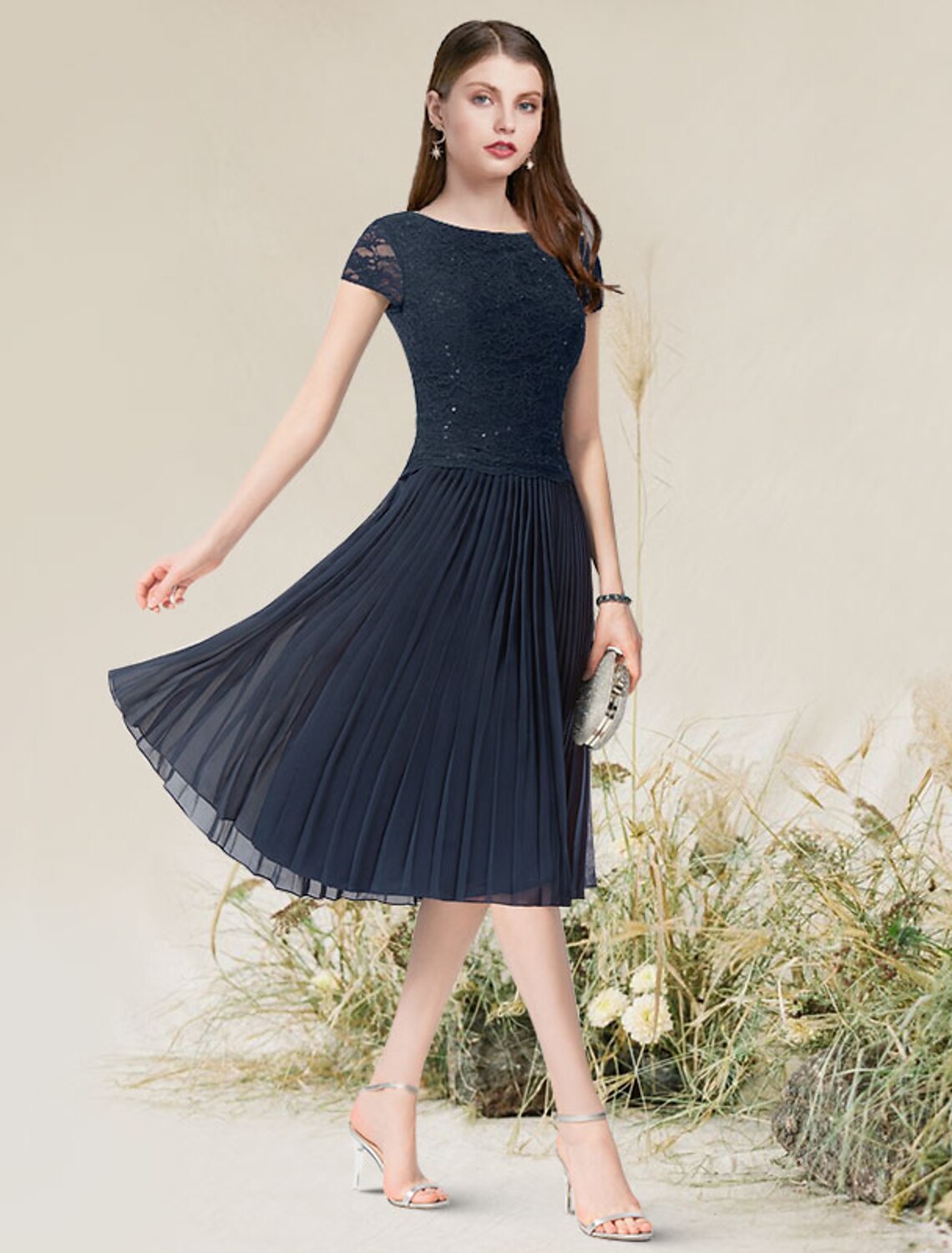 A-Line Cocktail Dresses Flirty Dress Homecoming Wedding Guest Tea Length Short Sleeve Jewel Neck Chiffon