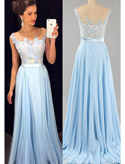 A-Line Prom Dresses Color Block Dress Formal Floor Length Sleeveless Jewel Neck Chiffon with Beading