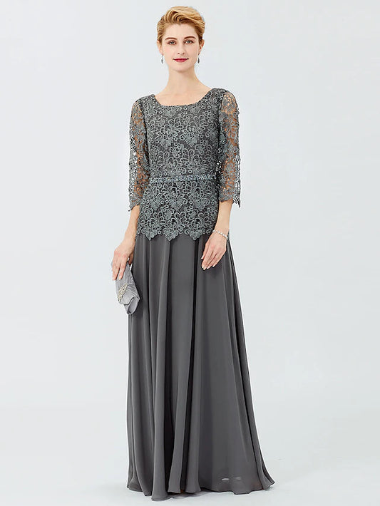 Ball Gown A-Line Mother of the Bride Dress Formal Classic & Timeless Elegant & Luxurious Elegant Scoop Neck Floor Length Chiffon Corded Lace 3/4 Length Sleeve with Sashes / Ribbons