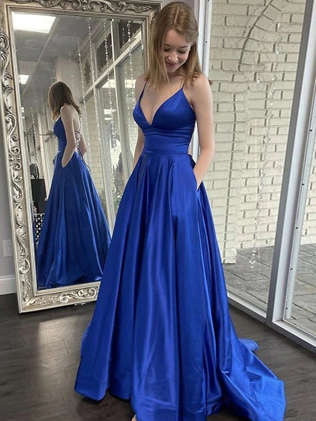 A-Line Prom Dresses Princess Dress Formal Sweep / Brush Train Sleeveless V Neck Pocket Satin Backless