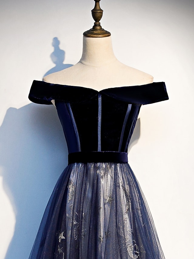 A-Line Elegant Floral Prom Formal Evening Dress Off Shoulder Short Sleeve Sweep / Brush Train Tulle with Pleats