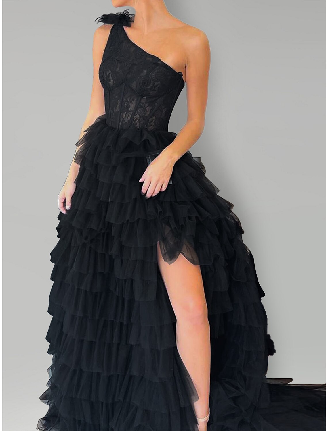 A-Line Evening Gown Floral Dress Wedding Party Semi Formal Sweep / Brush Train Sleeveless One Shoulder Lace with Slit