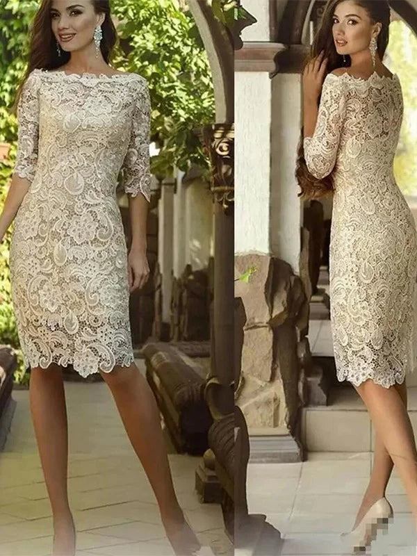 Sheath/Column Lace Applique Off-the-Shoulder 3/4 Sleeves Knee-Length Mother of the Bride Dresses Beautiful