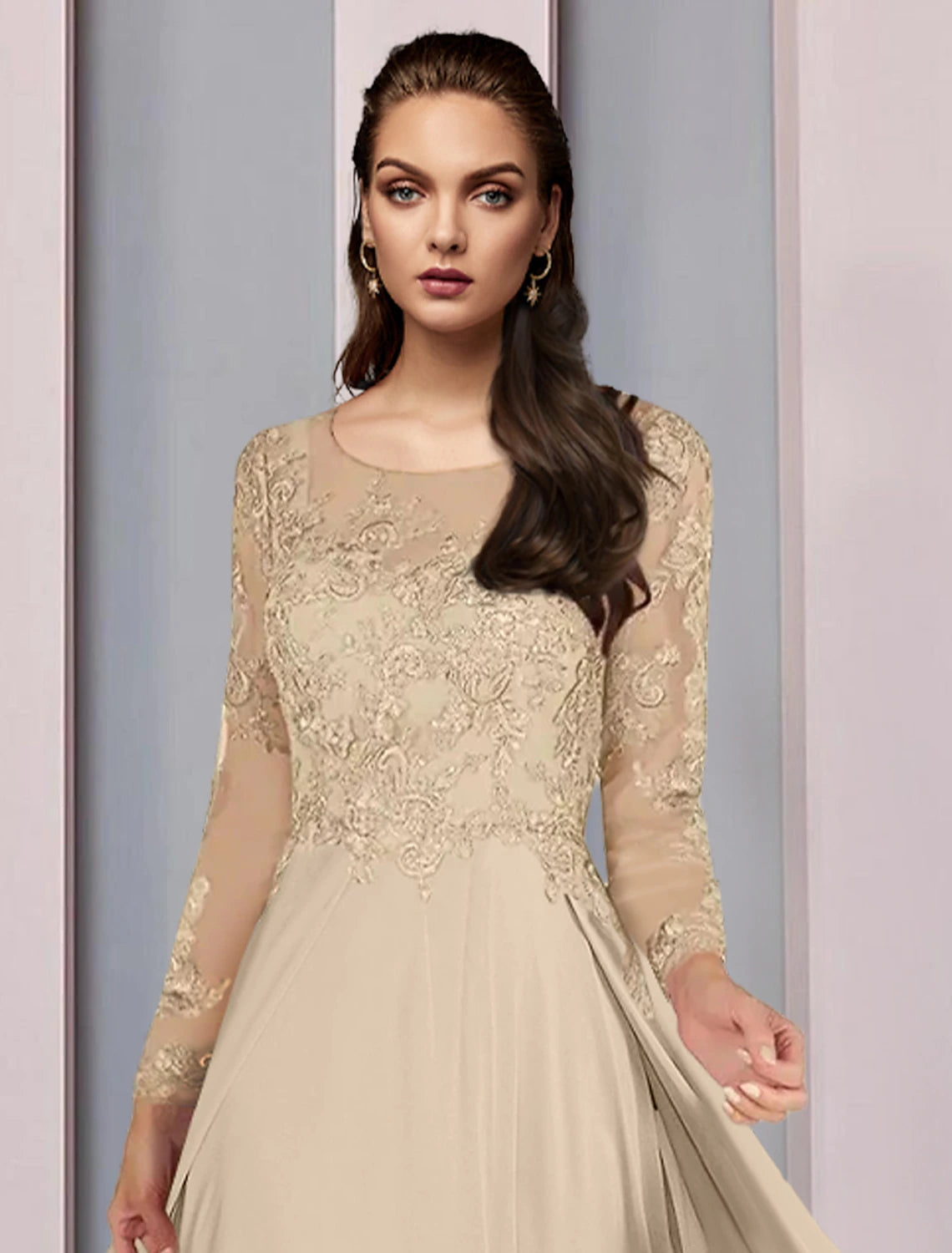 A-Line Mother of the Bride Dress Wedding Guest Party Elegant Scoop Neck Floor Length Chiffon Half Sleeve with Lace