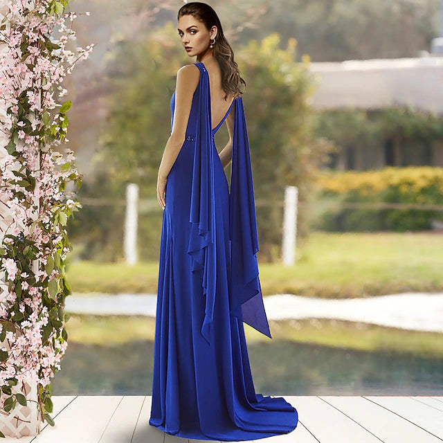 Sheath / Column Mother of the Bride Dress Elegant Jewel Neck Sweep / Brush Train Chiffon Sleeveless with Sash / Ribbon