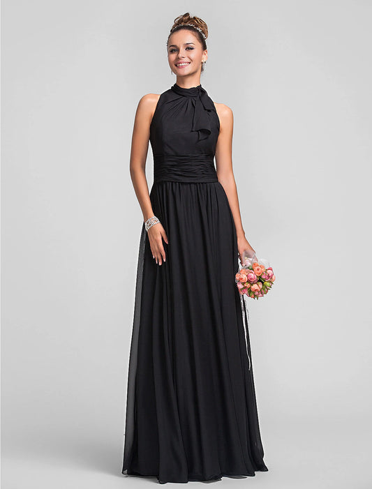 Sheath / Column Bridesmaid Dress High Neck Sleeveless Vintage Inspired Floor Length Chiffon with Ruched Ruffles