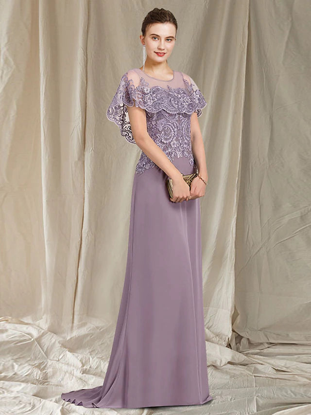 Sheath / Column Mother of the Bride Dress Elegant Jewel Neck Sweep / Brush Train Chiffon Lace Sleeveless with Ruffles