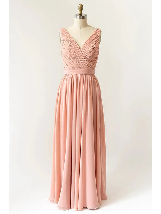 A-Line Bridesmaid Dress V Neck Sleeveless Open Back Floor Length Chiffon with Pleats Pure Color