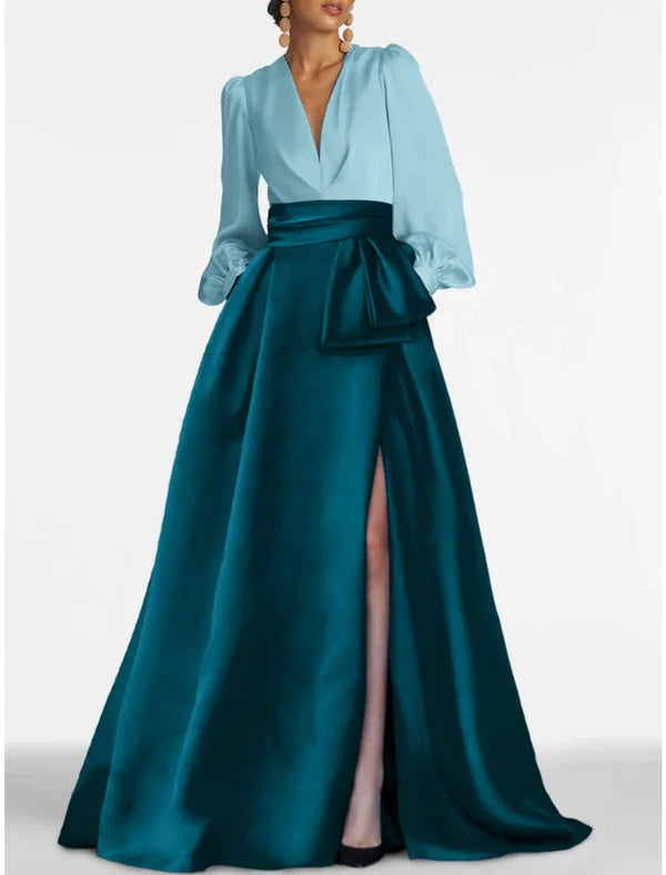 A-Line Evening Gown Elegant Dress Formal Sweep / Brush Train Formal Red Green Dress Long Sleeve V Neck Satin with Slit