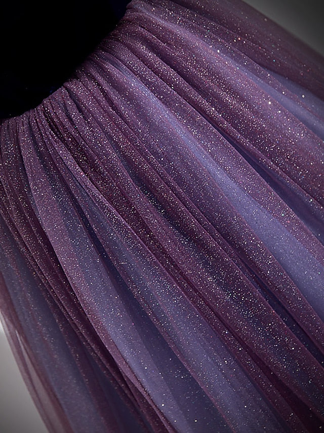 A-Line Prom Dresses Sparkle & Shine Dress Prom Floor Length Short Sleeve Scoop Neck Tulle