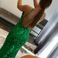 Mermaid Spaghetti Straps Green Sequins Backless Long Prom Dress V-neck Sexy Evening Dresses