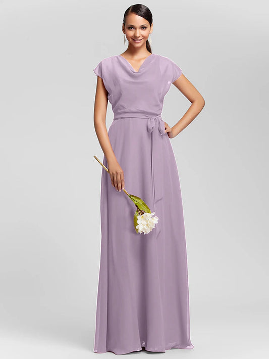 Sheath / Column Bridesmaid Dress Cowl Neck Short Sleeve Elegant Floor Length Chiffon with Sash / Ribbon