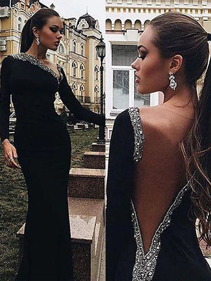 Mermaid / Trumpet Evening Gown Open Back Dress Engagement Floor Length Long Sleeve V Neck Stretch Fabric with Crystals