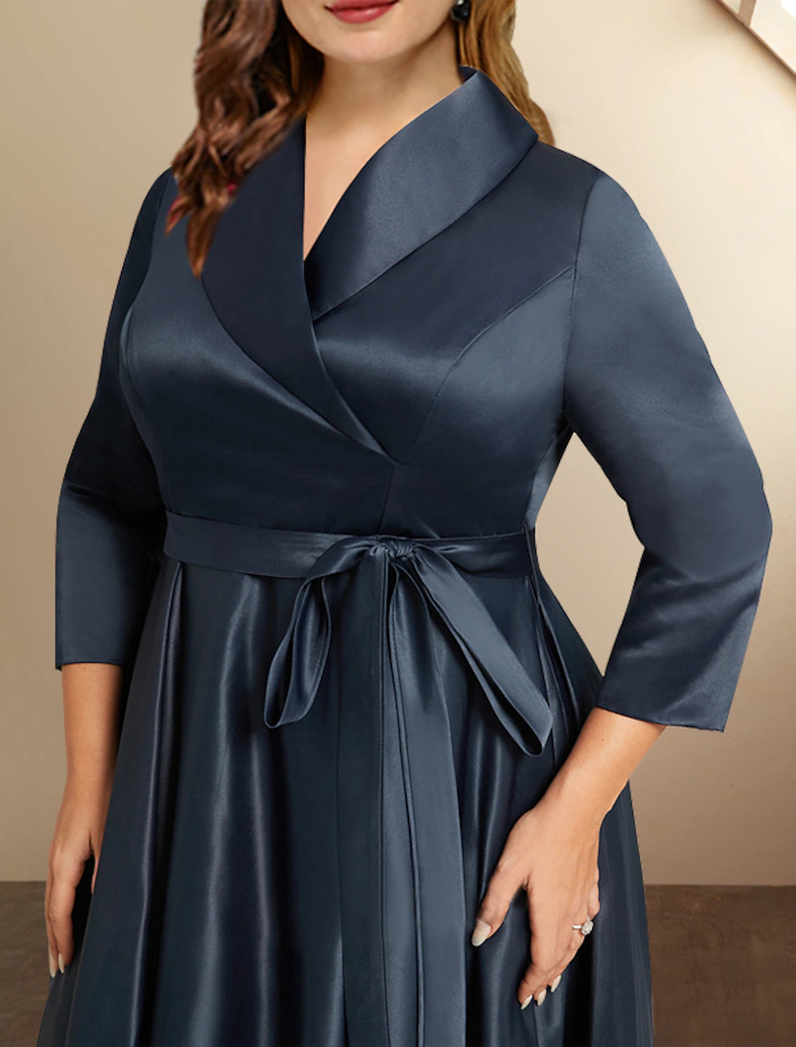 A-Line Mother of the Bride Dresses Plus Size Hide Belly Curve High Low Dress Formal Asymmetrical 3/4 Length Sleeve Shirt Collar Satin