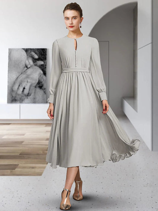 Sheath / Column Mother of the Bride Dress Simple Elegant Jewel Neck Tea Length Chiffon Long Sleeve with Sash / Ribbon Buttons