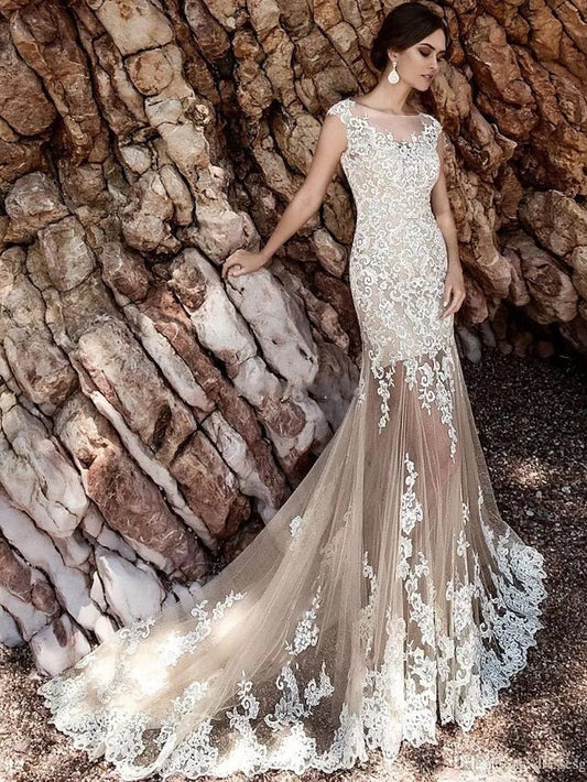 Engagement Formal Wedding Dresses Court Train Mermaid / Trumpet Cap Sleeve Illusion Neck Lace