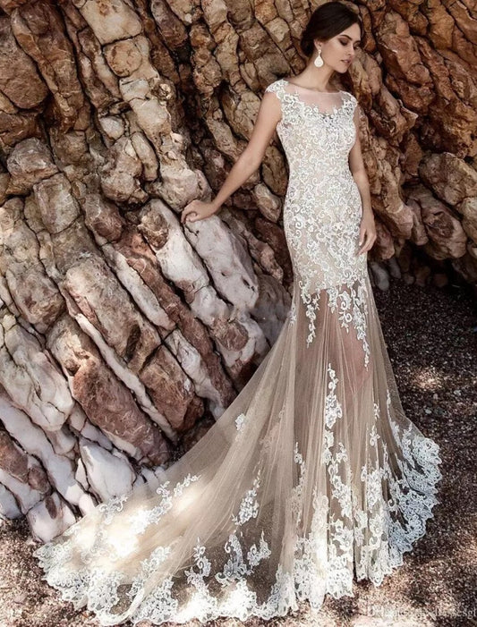 Engagement Formal Wedding Dresses Mermaid / Trumpet Illusion Neck Cap Sleeve Court Train Lace Bridal Gowns
