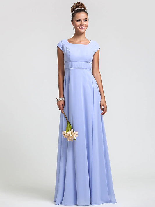 Sheath / Column Bridesmaid Dress Square Neck Short Sleeve Elegant Floor Length Chiffon with Sash / Ribbon