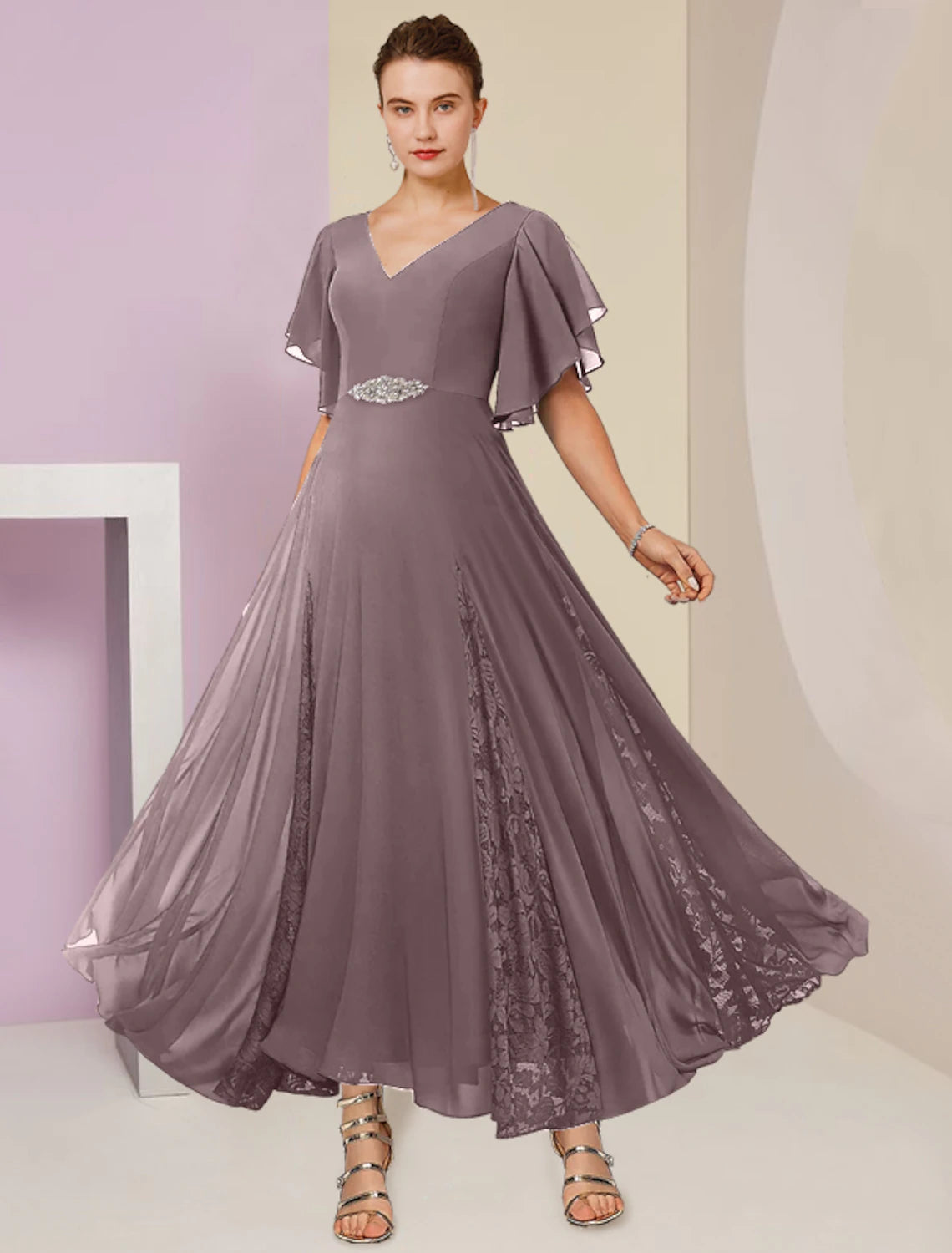 A-Line Mother of the Bride Dress Formal Wedding Guest Elegant V Neck Ankle Length Chiffon Lace Short Sleeve with Pleats Crystal