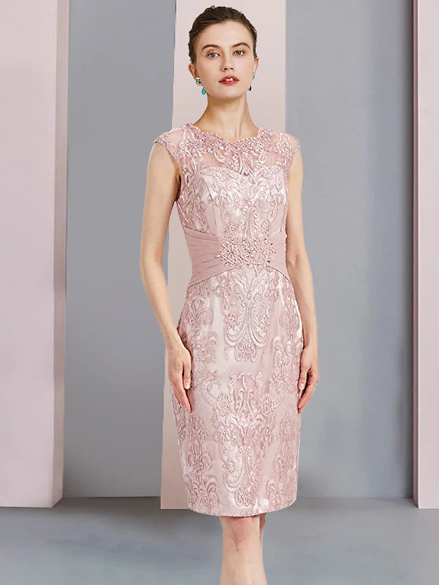 Two Piece Sheath / Column Mother of the Bride Dress Formal Wedding Guest Elegant Scoop Neck Knee Length Chiffon Lace Sleeveless Jacket Dresses with Beading