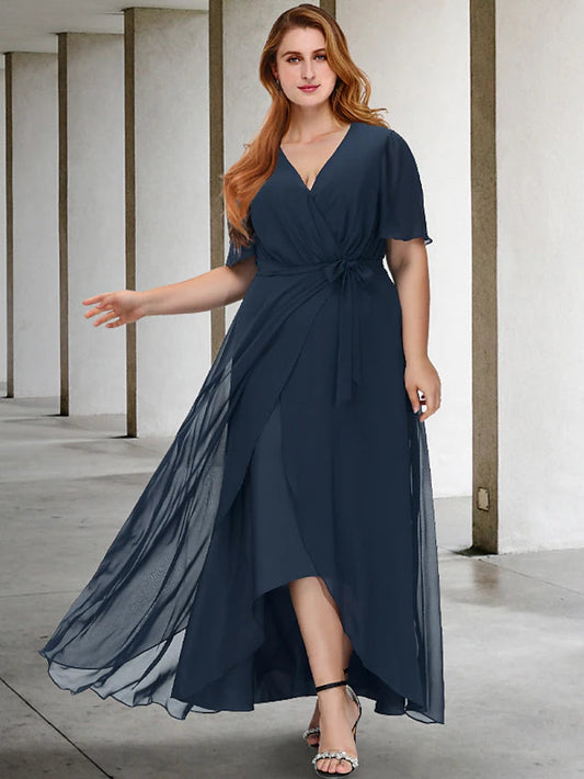 A-Line Plus Size Curve Mother of the Bride Dresses Elegant Dress Formal Asymmetrical Short Sleeve V Neck Chiffon with Bow(s)